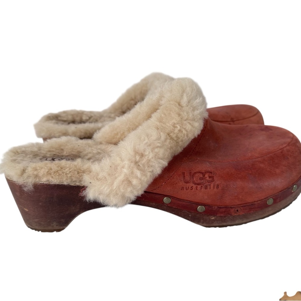 UGG Red Brown Leather Shearling Clog Mules